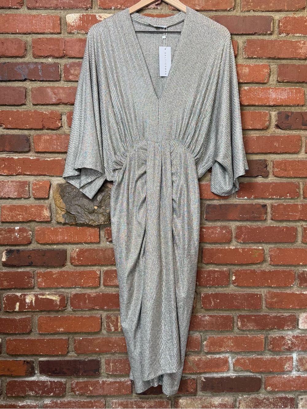 Baltic Born Ciara Ruched Blouson Midi Dress Silver Metallic Medium NWT Dolman